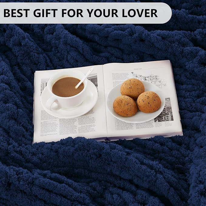 L'AGRATY Chunky Knit Throw Blanket for Couch, 72 x 84 Inches, Dark Blue | Handmade Chenille Crochet Blanket for Sofa Bed, Thick Cable Knitted Blankets for Room Home Decor, Birthday Gift for Women Mom