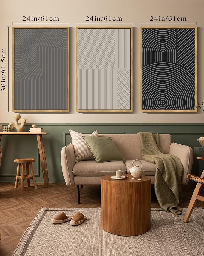 Drsoum Mid-Century Modern Framed Wall Art Large 24x36in Minimalist Abstract Boho Neutral Line Wall Decor Geometric Artwork Kitchen Dining Room Black Framed