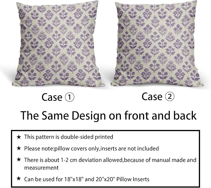 Purple Floral Block Print Pillow Covers 20x20 Inch Set of 2, Vintage Flower Pattern Decorative Throw Pillowcases Outdoor Farmhouse Cushion Covers Spring Summer Rustic Sofa Couch Bed Decor