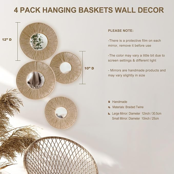 Artilady Hanging Baskets Wall Art with Mirror, 4Pcs Boho Coastal Wall Decor | Woven Wicker Basket, Farmhouse Rustic Jute, Bedroom Living Room Nursery Home Decor