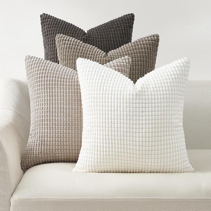Topfinel Neutral Grey Throw Pillows Covers for Couch Living Room,Boho Corduroy Striped Grey Cushion Covers Holiday 4 Packs, Nordic Cushion Case-Vintage Fluffy Large Bedroom Shams 18x18 Inch Set of 4