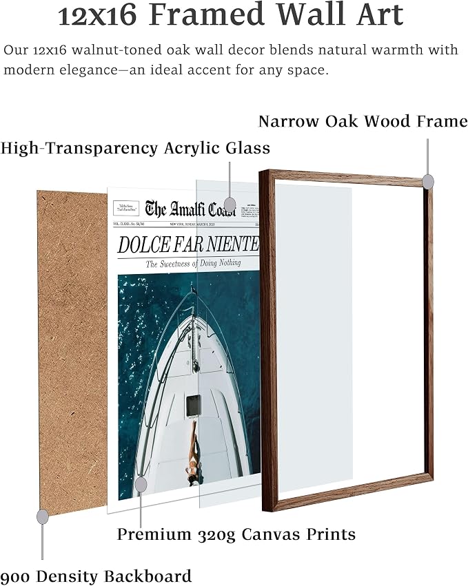 EcoHest 12x16 in Dolce Far Niente Newspaper Framed Wall Art | Walnut Color Solid Oak Frame, Canvas Wall Art, Italian Summer Newspaper Decor for Living Room, Bedroom, Apartment, Dorm,1Pack