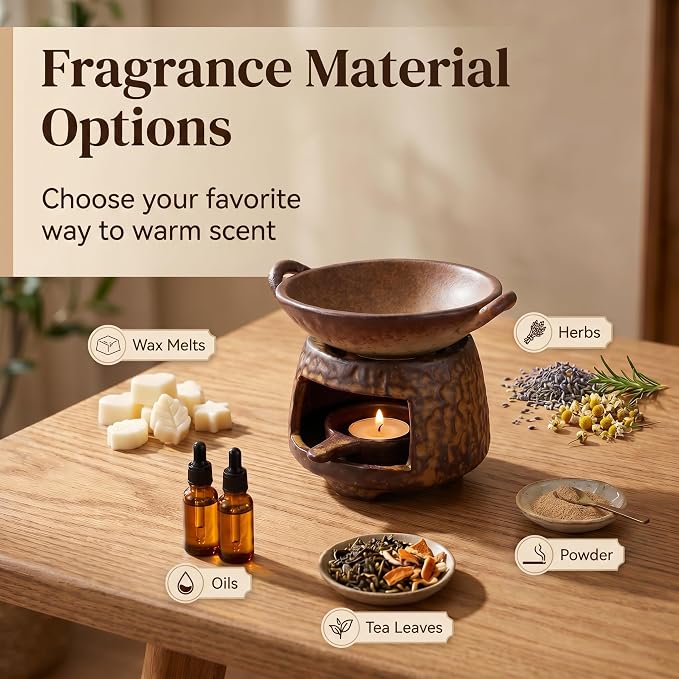 Ceramic Wax Melt Warmer and Essential Oil Diffuser, Handmade Tea Light Candle Holder Incense Pot, Minimalist Japanese Decor Teapot Heater for Home Aromatherapy Meditation Room, Stress Relief Spa
