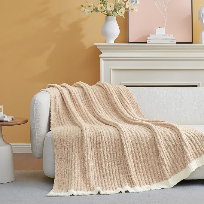 Snuggle Sac Fluffy Ribbed Beige Blanket Twin Size, Soft Luxurious Knit Fuzzy Plush Microfiber Blankets for Sofa, Bed, Beige, 60x80 inches