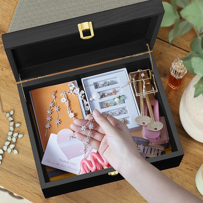DRASTAR Large Wooden Keepsake Box, Black Memory Box, Decorative Storage Box with Hinged Lid, Large Card Box