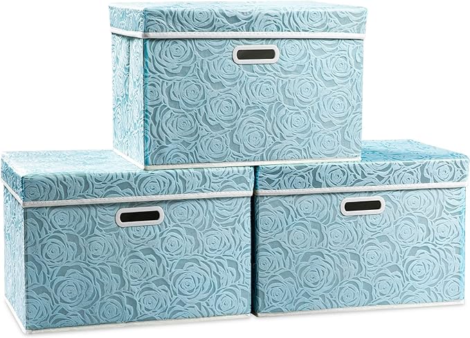 Larger Collapsible Storage Cubes with Lids Fabric Decorative Storage Bins Boxes Organizer Containers Baskets with Cover Handles for Bedroom Closet Living Room Blue 17.7x11.8x11.8 Inch 3 Pack