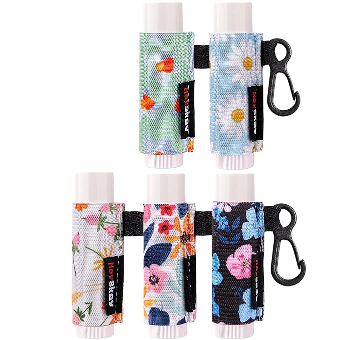 HEYSKAY 5PCS Lip Balm Holder Sleeves Keychain Compact Clip On Lipstick Holder Chapstick Holder Lip Gloss Holder Keychain Chapstick Elastic Sleeves, Flowers