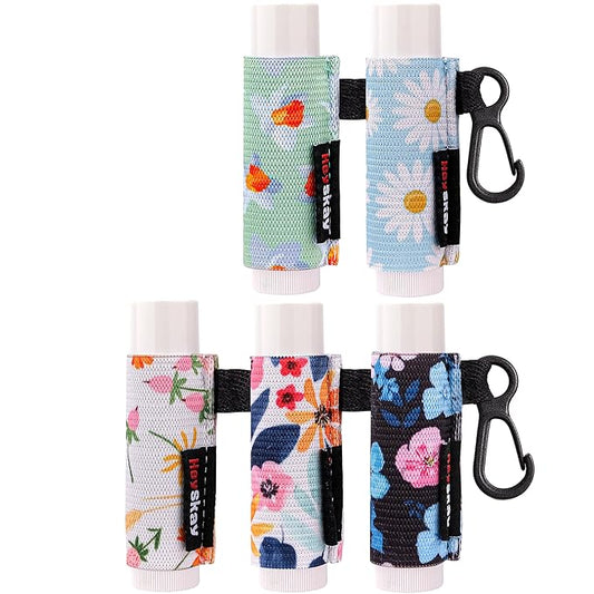 HEYSKAY 5PCS Lip Balm Holder Sleeves Keychain Compact Clip On Lipstick Holder Chapstick Holder Lip Gloss Holder Keychain Chapstick Elastic Sleeves, Flowers