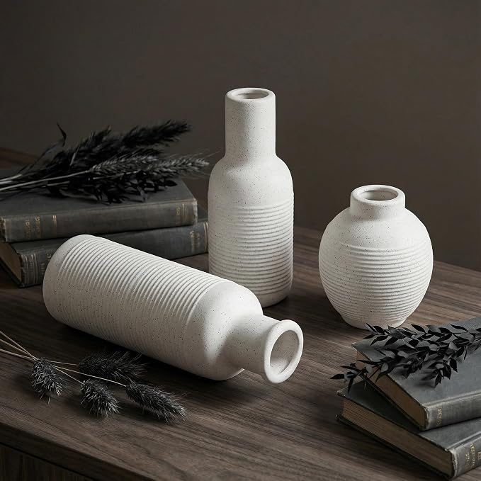 Rustic Farmhouse Vase Set of 3 - Ceramic Decorative Modern Flowers Vases Home Decor - Pampas Grass Dried Fresh Flowers - for Centerpiece, Table, Mantel Entryway, Kitchen (White 1)