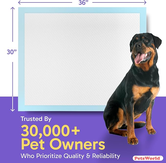 PetsWorld XL Dog Pee Pads 30"x36", 100-Count – Heavy Duty, Leak-Proof Potty Training Pads for Puppies & Large Dogs, Super Absorbent, Quick-Dry Disposable Pads with Odor Control