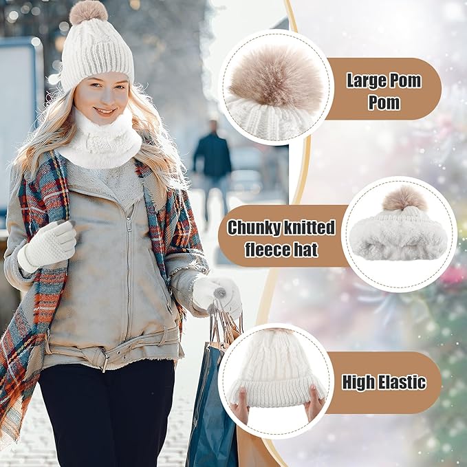 SATINIOR 5 Pcs Winter Hat Scarf Gloves Set Fleece Warm Lined Knit Beanie Hat Touch Screen Earmuff Gloves Warmer for Women(White,Fresh Style)