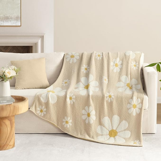 Snuggle Sac Flower Throw Blanket for Couch, Fuzzy Microfiber Floral Blankets, Cute Throws for Girls Daughter Gifts, Flower Beige, 50x60 inches