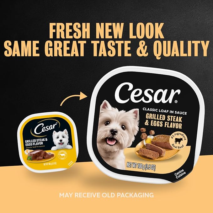 Cesar Classic Loaf Wet Dog Food, Grilled Steak & Eggs, 3.5 oz, 24 Count | Real beef #1 ingredient, made in the USA, 100% complete & balanced, no fillers/added sugar/artificial flavor, easy peel trays