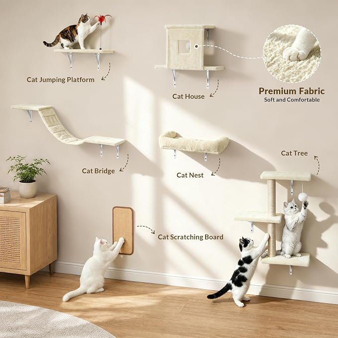 Cat Wall Shelves, 6 in 1 Cat Wall Furniture Set with Condos House, Bed, Bridge, Tree, Steps, Scratching Board, DIY Walls Playground for Indoor (Beige)