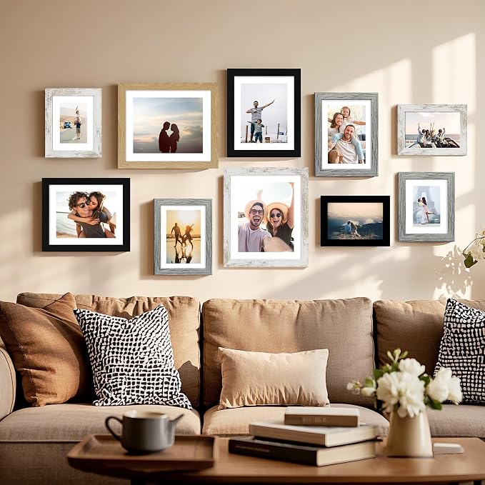 Hongkee 7x10 Picture Frame Set of 4, Made of Real Glass and Black Frame - Display 5.5 x 8.5 Diploma Frame with Mat or 7x10 Without Mat, 7 by 10 Photo for Wall or Tabletop