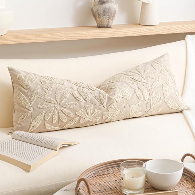 14x36 Lumbar Pillow Cover for Bed, Rectangular Decorative Long Throw Pillowcase, Embroidered Farmhouse Accent Cushion, Beige Neutral Floral Tufted (Cover Only)