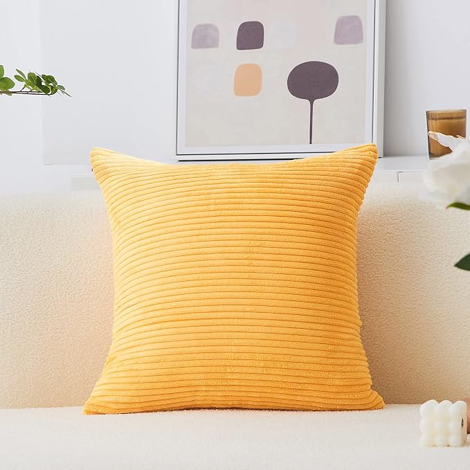Home Brilliant 20 x 20 Summer Pillow Cover Square Plush Boho Pillowcase Soft Striped Corduroy Throw Pillow for Couch Bed Sofa Bench Decorations, 20x20 inch (50cm), Sunflower Yellow