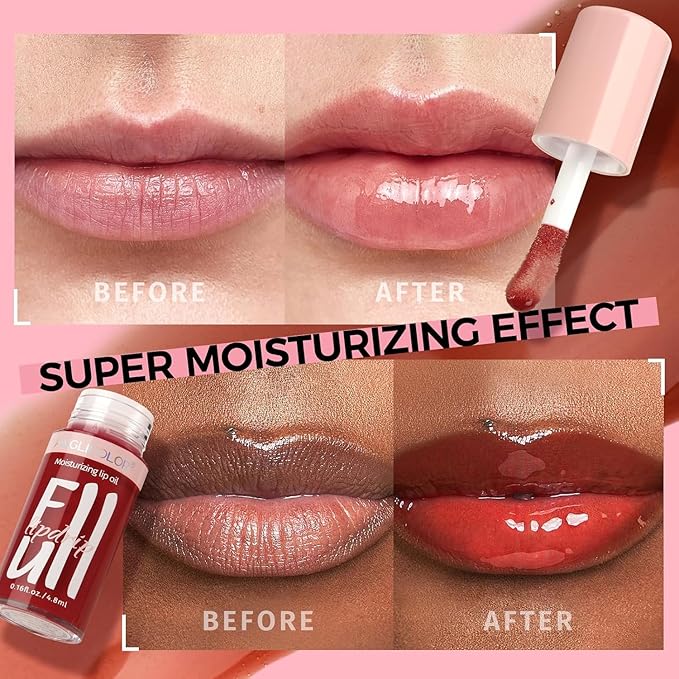 Anglicolor 2PC Lip Oil and Metallic Glitter Pink Lipstick,Natural Lip Plumper,Fruit Flavoured Lip Oil,For Dry Lip's Moisturizing Hydrating,Vegan & Cruelty-free (06 Gaia+15)