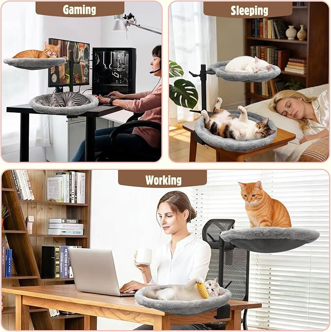 Double Cat Desk Bed, 360° Rotating & Adjustable Heigh Kitten Nest for Desktop, Double Kittens Clamp Hammock Bed with Dual-Sided Reversible Mat for Home Office-Maximum Hold Up to 40lb