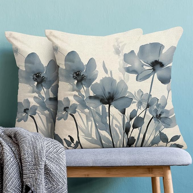 Spring Floral Pillow Covers 18x18 Inches Set of 2,Blue Floral Throw Pillow Covers Outdoor Summer Flower Decoration Pillowcase Farmhouse Decorative Square Cushion Cover For Couch Sofa Home Decor