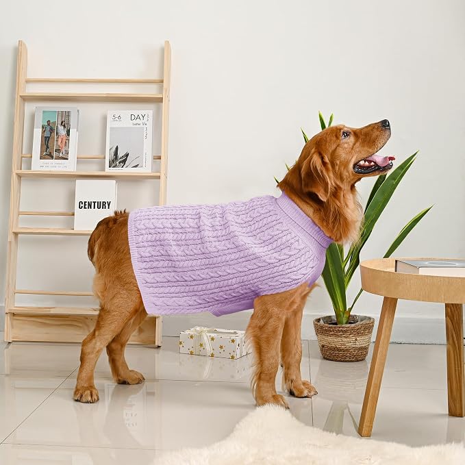 Dog Sweater 2 Pack for Large Dogs, Size XXL, Pink & Purple | Stretchy cable knit turtleneck, machine washable, high belly cut, comfy winter fit for Golden Retriever, Labrador