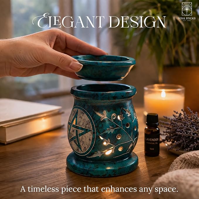 SOUL STICKS Stone Soapstone Aroma Lamp Stylish Beautiful Elegant Decorative Handcrafted Aroma Wax Burner Oil Diffuser for Aromatherapy, Meditation and Home Fragrance with Tealight Holder, 3 (Blue)