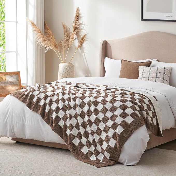 Snuggle Sac Checkered Bedding Blanket Twin Size 60x80, Super Soft Cozy Warm Knit Blankets, Reversible Breathable Lightweight Fluffy Throws for Sofa Bed, Checkered Brown, 60x80 Inches