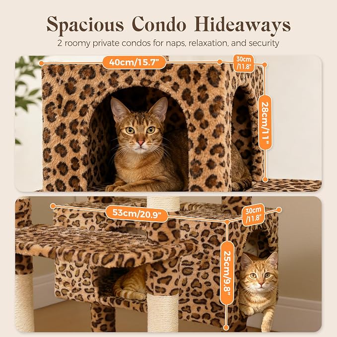 PAWZ Road 72" Leopard Tall Cat Tree for Large Cats with Condo & Sisal Posts | leopard plush cat tower, dual condos&perches for indoor large cats, 16"x16" large hammock,8 sisal posts&bottom scratcher