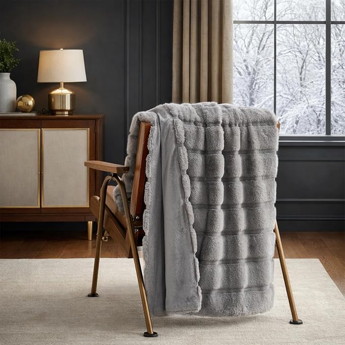 Cozy Bliss Deluxe Sheared Rabbit Faux Fur Throw Blanket, Soft Fuzzy High-Low Sculpted Plush Blanket for Couch, Cozy Home Accent, All Season Use, Grey 50"x60"