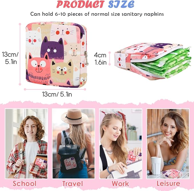 22 PCS First Period Starter Kit Gift for Teen Girls Period Bags for Teen Tweens Girls with Sanitary Pad Storage Bag, Wipes, Menstrual Tracker, Disposal Pouches and More (Cats)