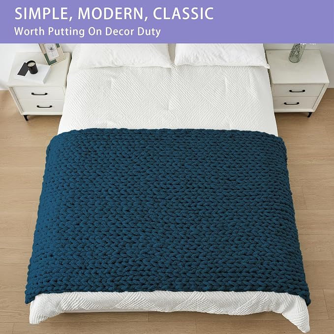 Bigacogo Chunky Knit Throw Blanket for Couch, 40x80 inches, Deep Sea Blue | Hand Knit with Jumbo Chenille, Soft Breathable Cable Knit for Sofa Bed Living Room, Machine Washable, Gift for Mom Friend