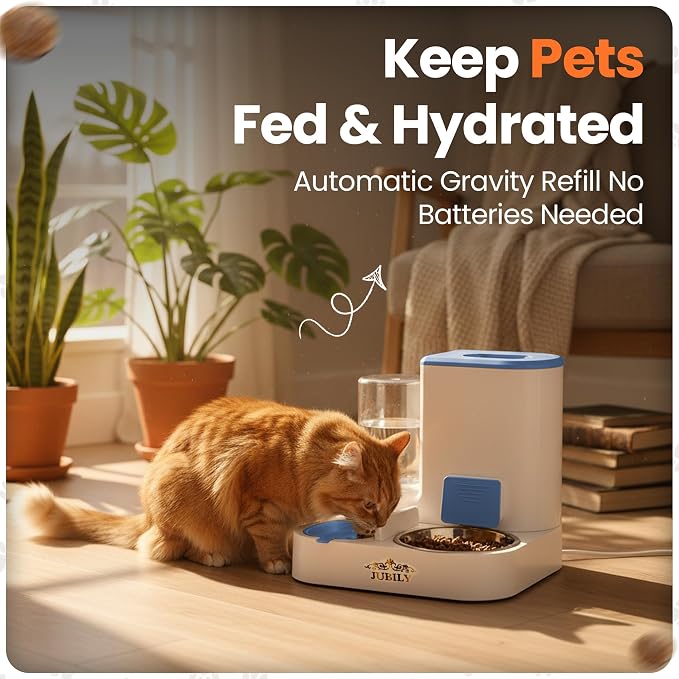Automatic Cat Feeder & Water Dispenser – Gravity Cat Feeding Station with Stainless Steel Bowl, 2.2L Food & 1L Water Capacity, Automatic Pet Feeder for Cats & Small Dogs (Blue)
