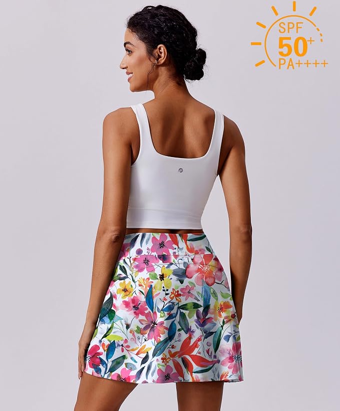 PINSPARK 17" Golf Skorts for Woman High Waisted Tennis Skirt with 4 Pockets | Lightweight, Quick Dry, 4-Way Strecth, Breathable, Tummy Control, UPF 50+ Athletic Skort for Workout, Pickleball, Gym, Casual