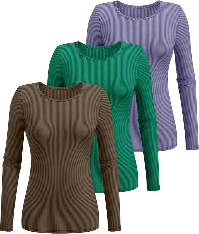 Ficerd 3 Pack Women's Ribbed Long Sleeve Tops, Crew Neck Slim Fit Undershirts Knit Basic Casual Stretch Layering Tee Shirts