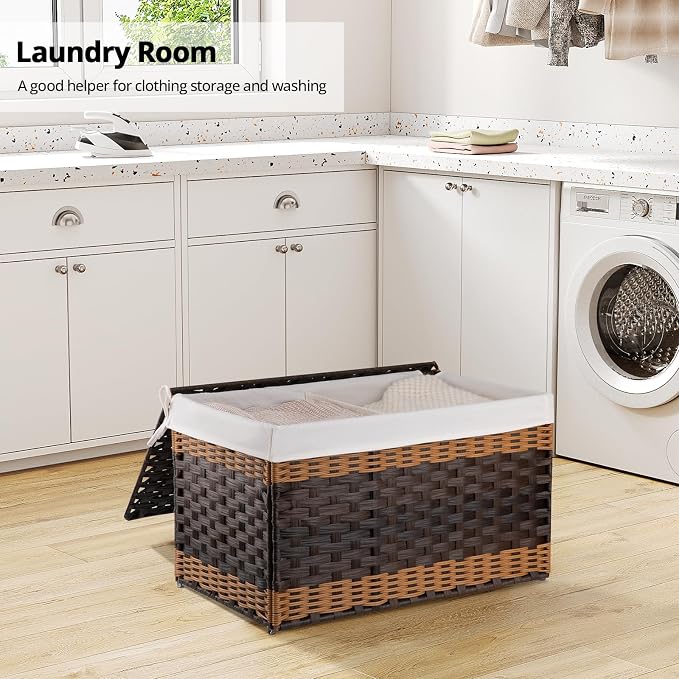 OIAHOMY Storage Basket with Lid, 27.7 Gallon (105L) Blanket Basket with Removable Liner Bag, Synthetic Wicker Hamper with Handle, Foldable, Hamper for Living Room, Brown