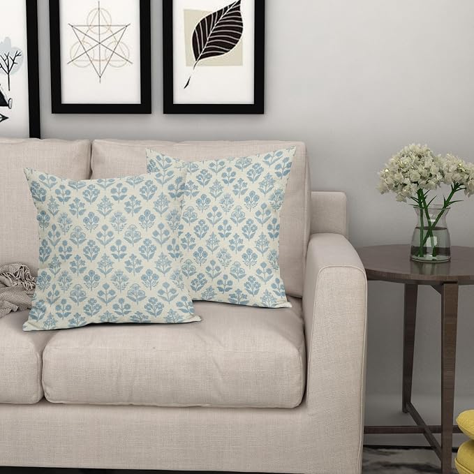 Light Blue Floral Pillow Covers 18x18 Inch Set of 2, Vintage Flower Block Print Pattern Decorative Throw Pillowcases Outdoor Farmhouse Cushion Covers Spring Summer Rustic Sofa Couch Bed Decor
