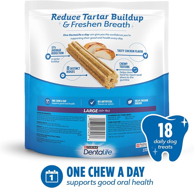 Dentalife Purina Daily Dental Chews for Large Dogs, 18 ct Pouch | Chewy, ridged texture in a tasty chicken flavor, helps reduce tartar buildup and help freshen breath