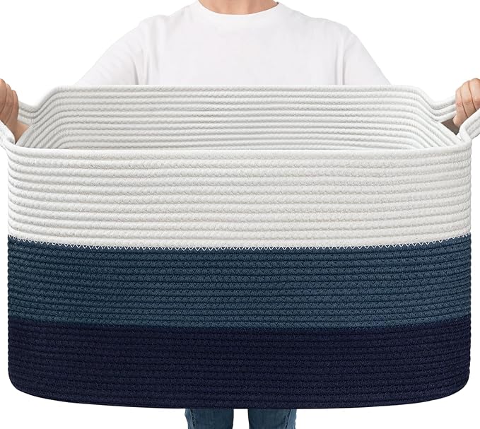 Goodpick Large Woven Rope Blanket Basket, Rectangle, Light Blue | 21.6'' x 14.9'' x 11.8'' Storage Basket for Toys, Books & Blankets, Bedroom & Nursery Organization, Reinforced Handles