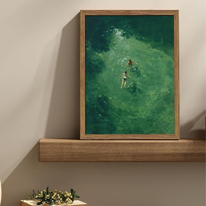 Framed Green Abstract Wall Art, Vintage Summer Swimming Canvas Wall Decor Painting, Minimalist Dark Green Water Landscape Poster Print Picture for Bathroom Bedroom Living Room 12x16 Inch