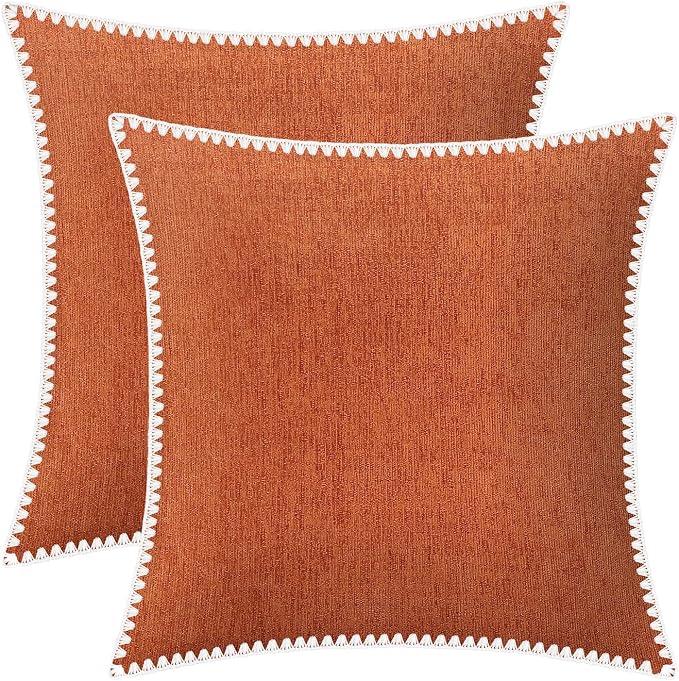 BRAWARM Chenille Throw Pillow Covers 16x16 Inches, Burnt Orange, 2 Pack | Decorative Pillow Covers with Shell Edge, Soft Cushion Cases for Sofa Bed Living Room Home Farmhouse (No Insert)