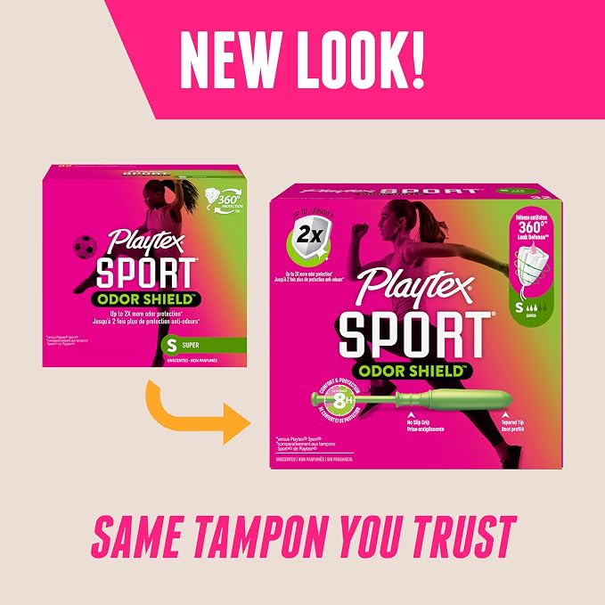 Playtex Sport Odor Shield Tampons Super Absorbency, Unscented - 32ct | Super Tampons for Women, Feminine Care, Playtex Tampon with 360 Leak Defense and Odor Control