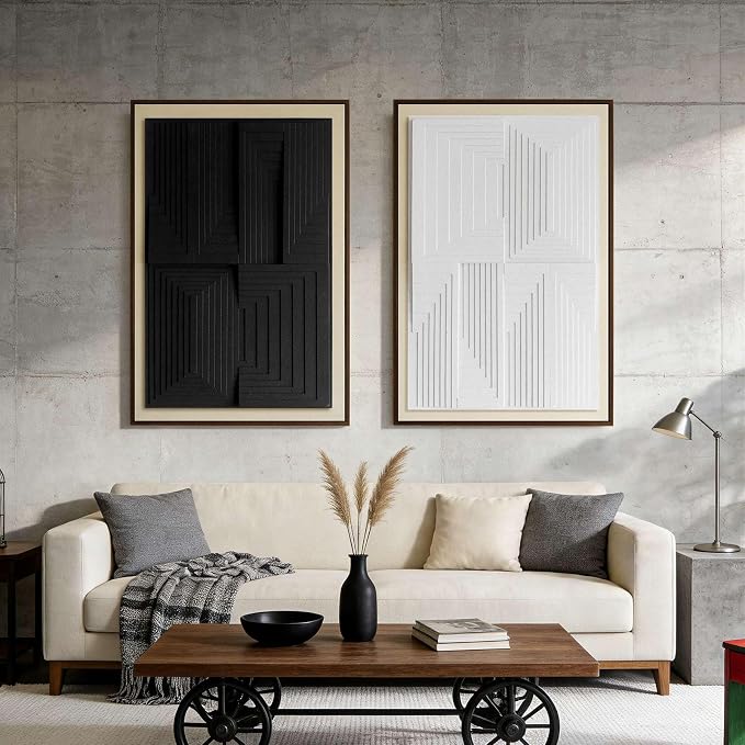 Thalasse Modern Abstract Wall Art Bedroom Framed 3D Black White 16x24 In | Textured geometric sandstone minimalist pictures, office meeting room decor, 2 piece set
