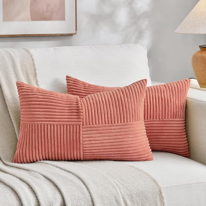 Fancy Homi Coral Lumbar Decorative Throw Pillow Covers 20x28 Inch for Living Room Couch, Rustic Farmhouse Boho Home Decor, Soft Striped Corduroy Rectangle Accent Peach Cushion Case 50x70 cm