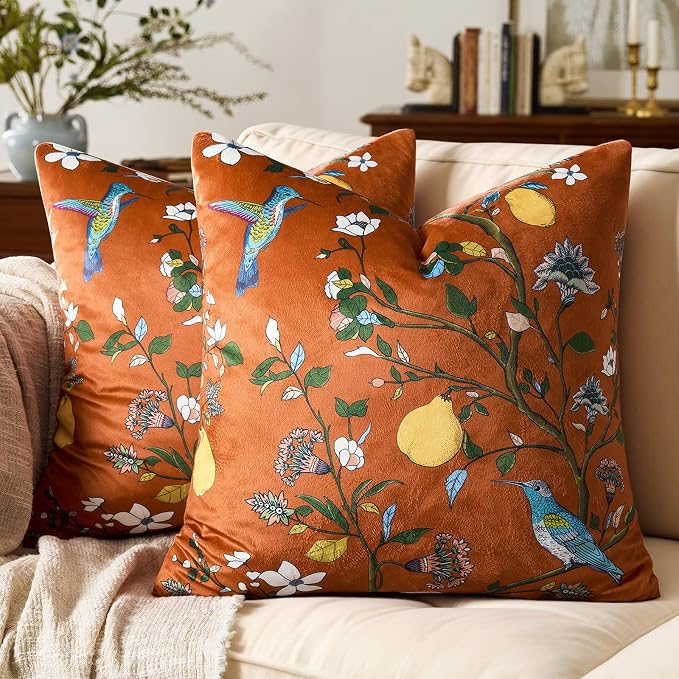 MUSSEL Burnt Orange Floral Vintage Decorative Pillow Covers 18x18 Set of 2 | Soft Velvet,Wild Flower Plant,Throw Pillows Case,Square,Colorful Boho Farmhouse Cushion Covers,Home Sofa Bed Couch Decor