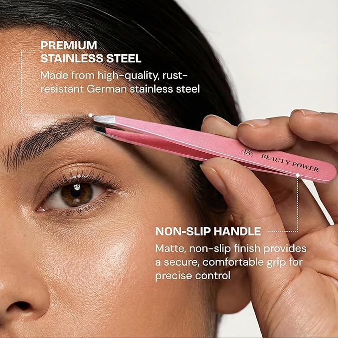Ultra-Precision Professional Slant Tweezers for Women Facial Hair - German Stainless Steel, Lightweight Black Tweezers for Women & Men, Ideal for Eyebrow & Facial Grooming (Pink)