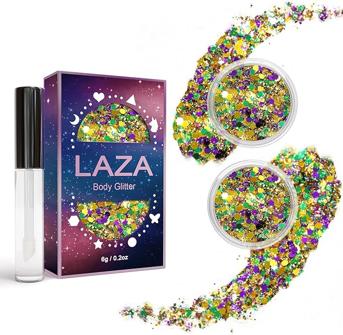 Laza Mardi Gras Body Glitter, 2 Jars Gold Purple Green Chunky Sequins with Glue Women Eyeshadow Fat Tuesday Face Paint Festival Rave Outfit Hair Accessories Party Costumes – Mardi Gras Carnival