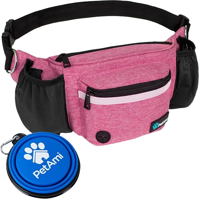 PetAmi Dog Fanny Pack, Treat Pouch for Dog Walking Training, Pink | Built in Poop Bag Dispenser, Water Bottle Holder, Collapsible Bowl, Pet Treat Waist Belt for Hiking Running Kibbles
