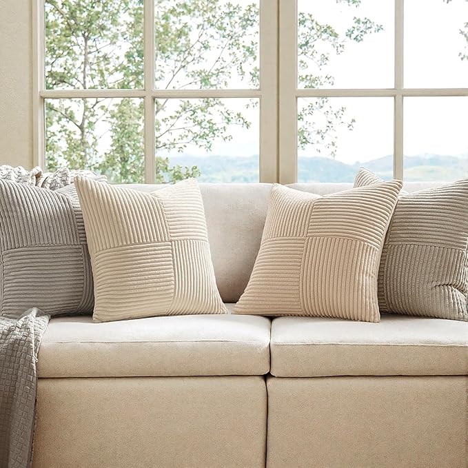 MIULEE Neutral Decorative Throw Pillow Covers 20x20 Inch Set of 4 for Livingroom Couch Sofa Modern Farmhouse Soft Corduroy Cushion Cases Striped Patchwork Home Decor (Cream,Grey)