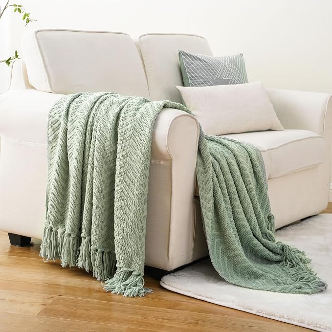 BATTILO HOME Sage Green Throw Blanket for Couch, 50"x60" | Knit Sage Throw Blanket Versatile for Couch, Super Soft Warm Spring Green Blanket for Bed Sofa