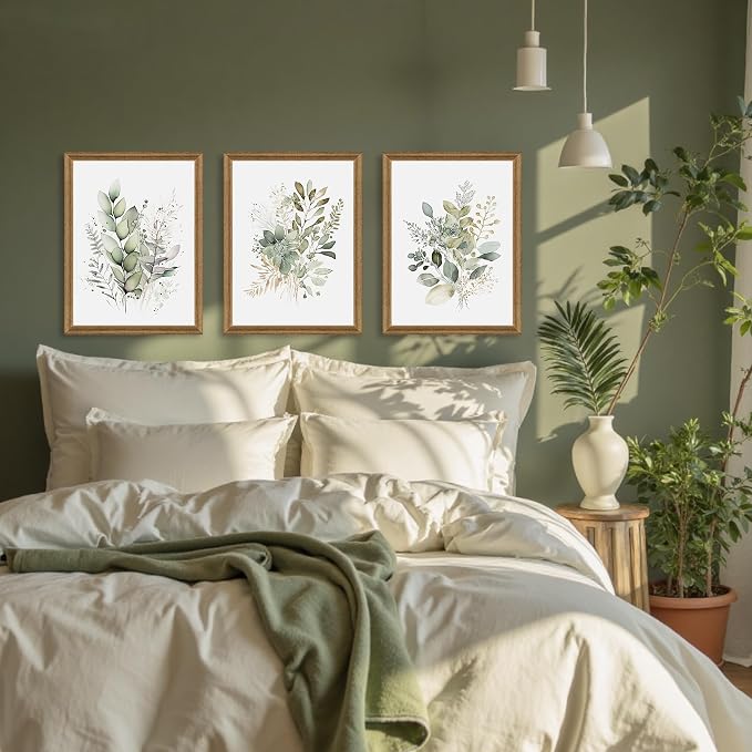 WRFON Framed Sage Green Botanical Wall Art Set of 3, Watercolor Eucalyptus & Wild Plant Canvas Prints, Minimalist Green Wall Decor for Living Room Bedroom Bathroom, 12x16 Inches